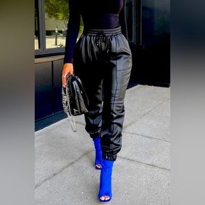 Elastic waist faux leather joggers